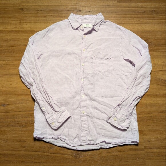 Uniqlo Premium Linen Button Up Shirt Mens Large Purple Long Sleeve Preppy - Picture 1 of 10
